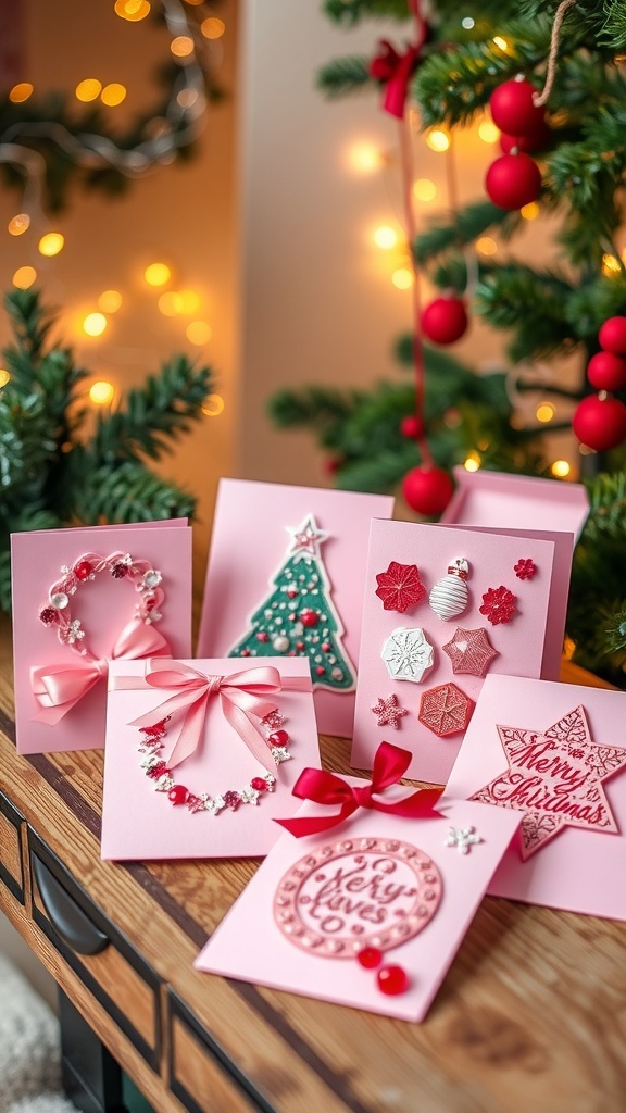 Handmade pink Christmas cards with decorative designs and embellishments on a wooden table.